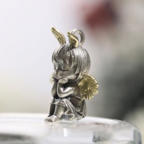 (image for) Sterling Silver Baby Angel Pendant with Gold Wings