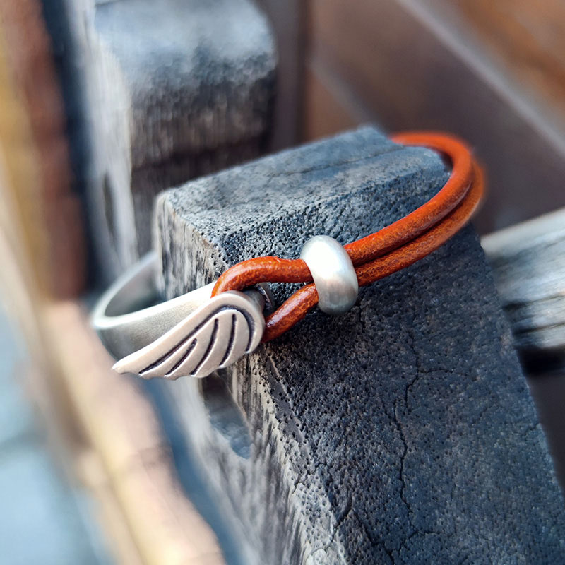 (image for) Leather & Tin Angel Wing Bangle Bracelet